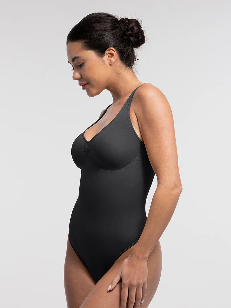 Seamless Diamond Neckline Bodysuit - BLACK